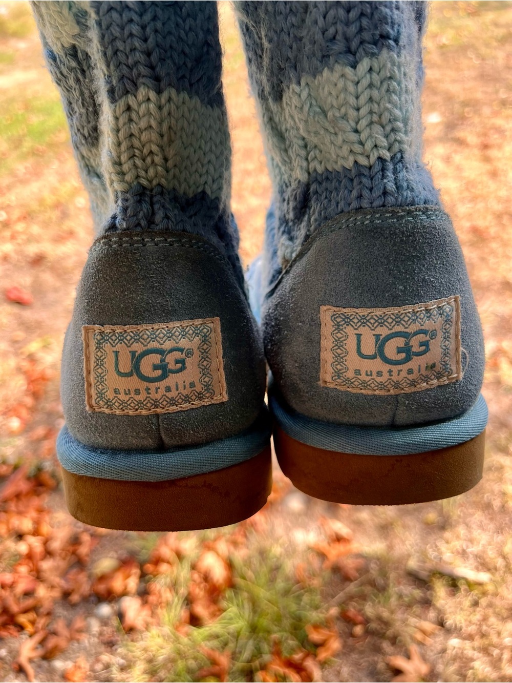 UGG Kids Slate Blue Suede Knit-Trim Slip-On Boots